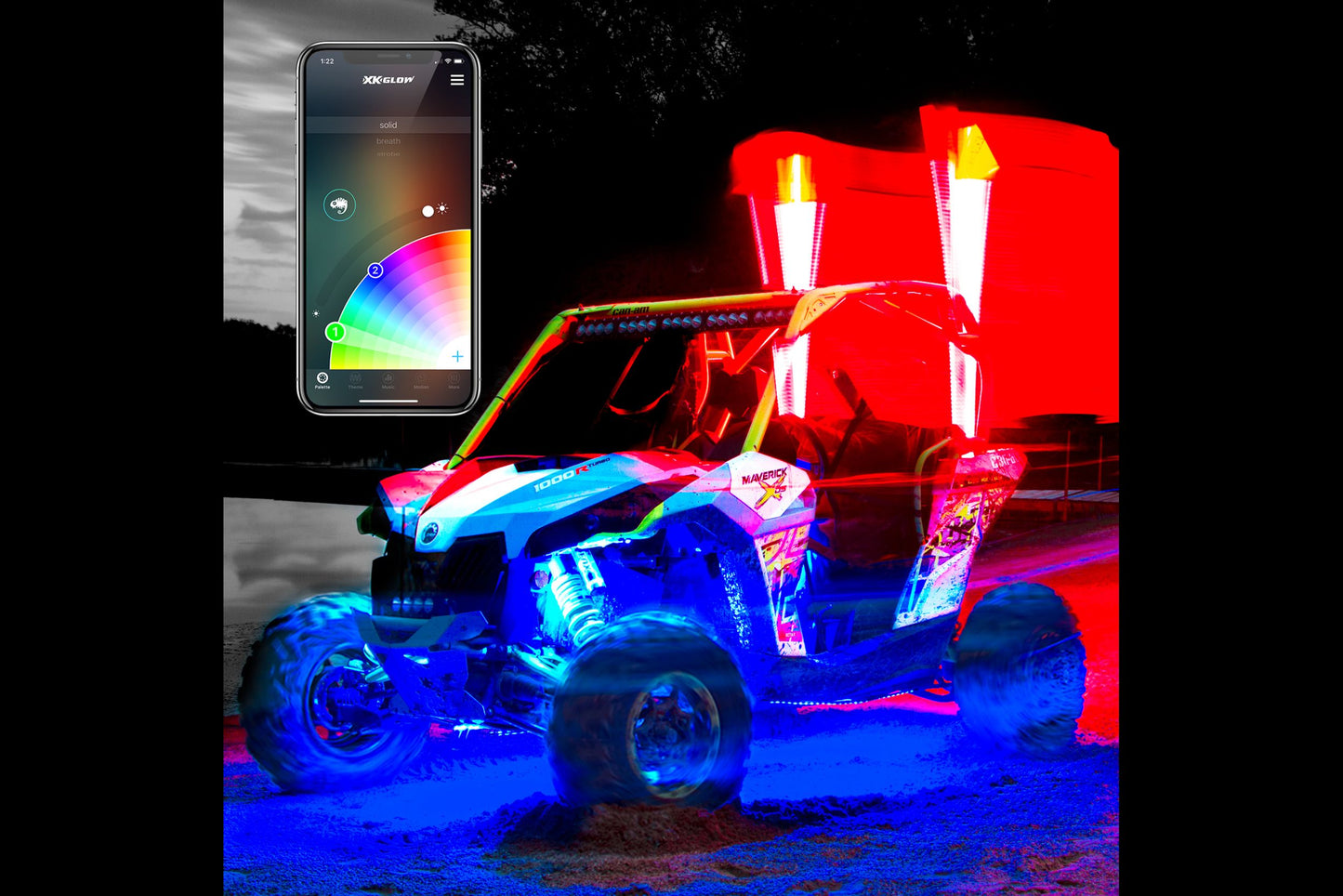 XKChrome RGB LED Whip Light: 48in w/ Dash Mount Controller