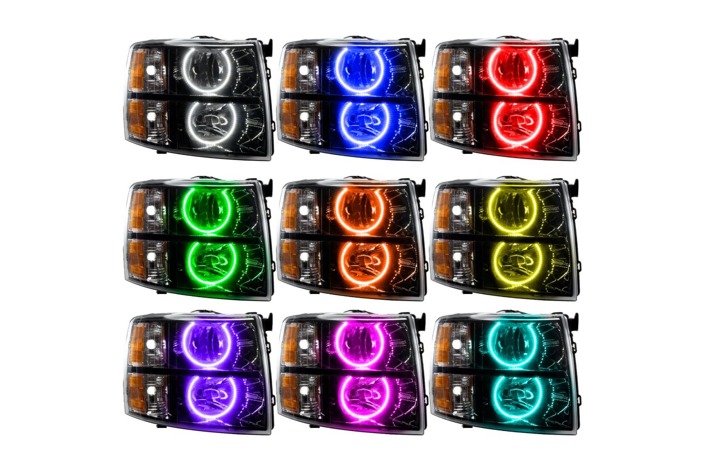 Oracle LED Halo Headlights: 07-13 Chevrolet Silverado (Black / Round Style / ColorShift RGB / Simple Controller)